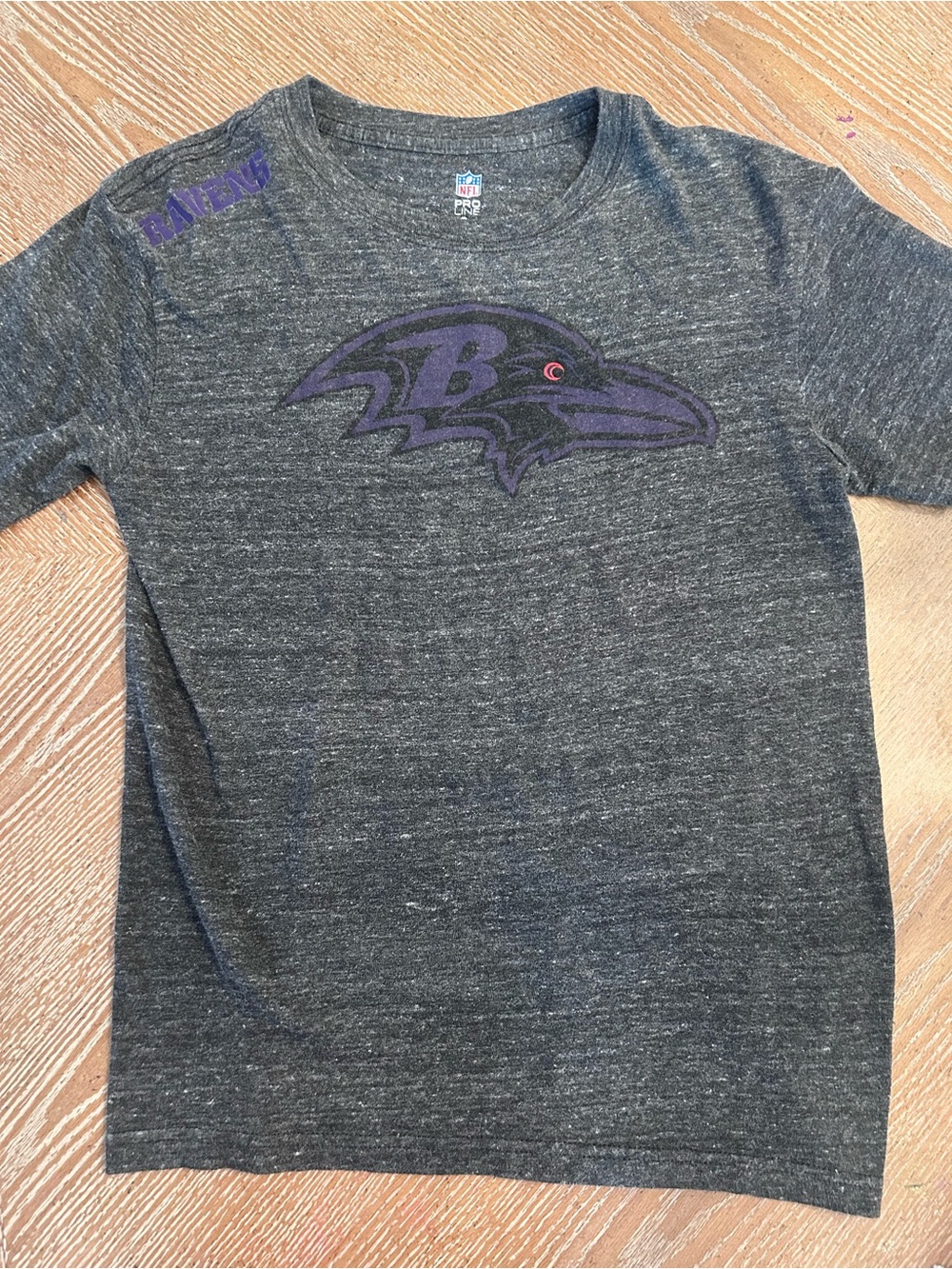 NFL Black Heather Tee with Purple and Red Logo Accents